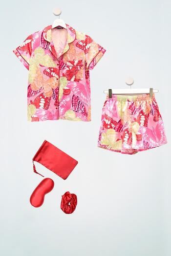 for you sleepwear 5-Piece Butterfly Patterned Satin Pajama Set