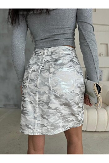 Zeo Basic Zeo Basic - Silver Colored Camouflage Mini Skirt, Foil Printed