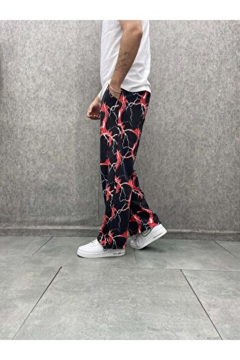 FıttingRoom Pipe Leg Patterned Baggy Trousers with Elastic Waist Stoppers