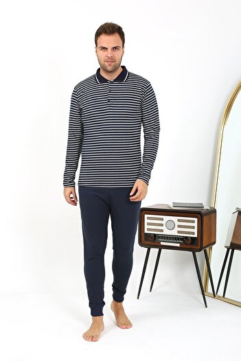 Akbeniz Erkek Polo Yaka Uzun Kol Penye Pijama Takımı Lacivert 6864