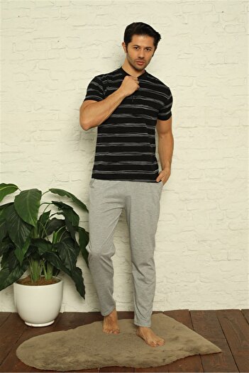 Akbeniz Men's Black 3-Piece Pajama Set 6823