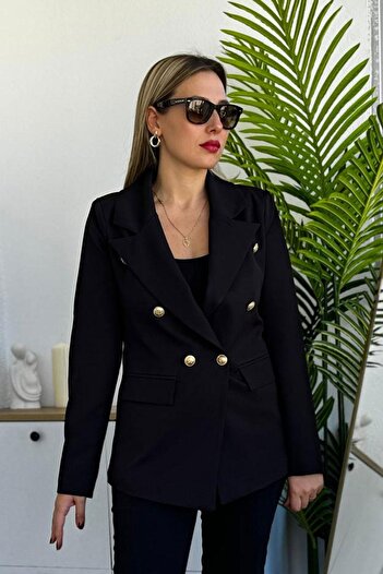 Kubos Moda Double Breasted Black Blazer Buttoned Pocket Jacket