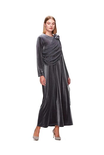 MISS DALIDA Gray Tulle Detailed Velvet Stylish Dress T25K-4013