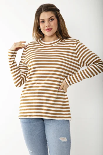 Şans Women's Large Size Brown Long Sleeve Striped Blouse 65N37217