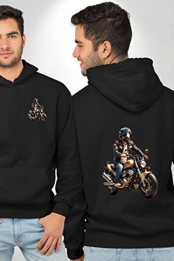 Angemiel Helmet Patterned Black Hooded Sweatshirt - Motorcycle World Tour, Pocket and Back Printed, Unisex