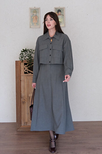 Ceylan Otantik Anthracite Polyviscose Pocket Jacket Skirt Set