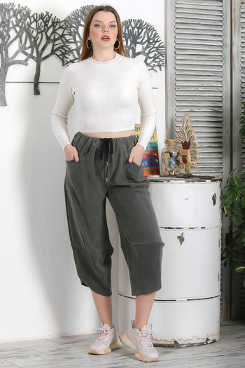 Chiccy Italian Khaki Elastic and Tied Waist Short Leg Casual Velvet Wide Cut Woven Trousers