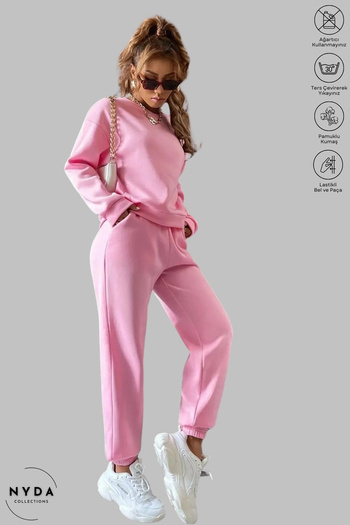 Nyda Collections Ροζ φούτερ με λαιμόκοψη και σετ φόρμας Jogger Oversize - Βαμβακερό