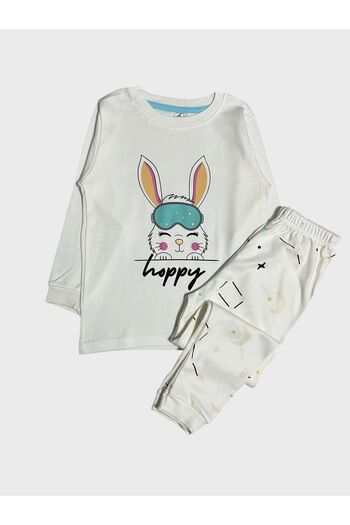 elmas kids Set de pijamale cu mânecă lungă pentru fetiță, 100% bumbac, iepure alb, cu model de stea