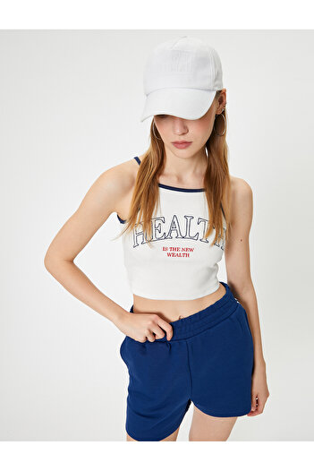 Koton Crop Sports Tank Top Slogan Printed Halter Neck Strap Slim Fit