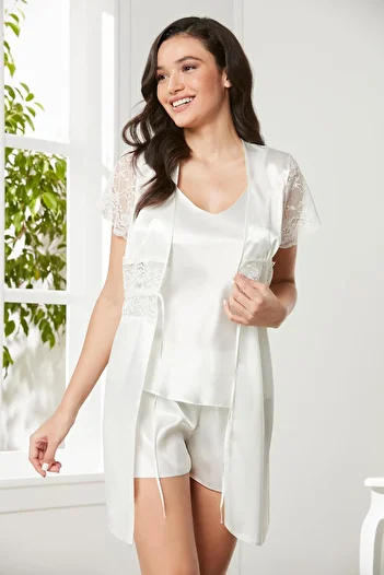 Pierre Cardin Satin Lace 3-Piece Shorts & Combi & Dressing Gown Set 2480