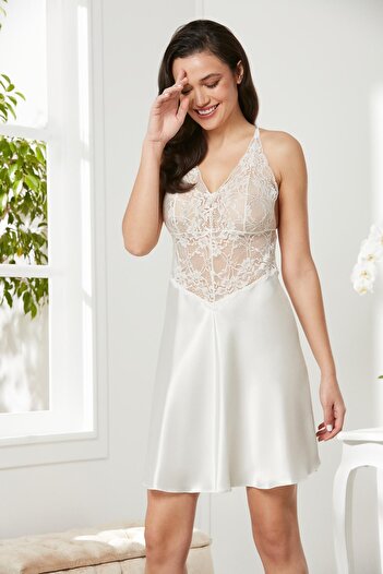 Pierre Cardin Saten Dantelli Kadın Gecelik - 850 Ekru
