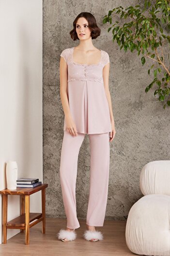 Pierre Cardin Dantelli Penye 3'lü Lohusa Pijama Takımı - 2805 Pudra