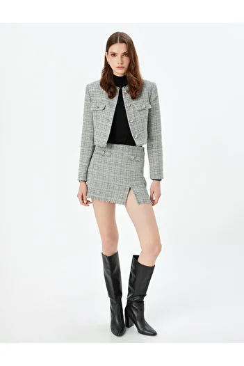 Koton A-Line Tweed Mini Skirt with Tassel and Slit Detail