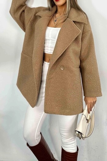 Suziş Oversize Camel Colored Boucle Textured Short Coat - Lined, Double Breasted 9243
