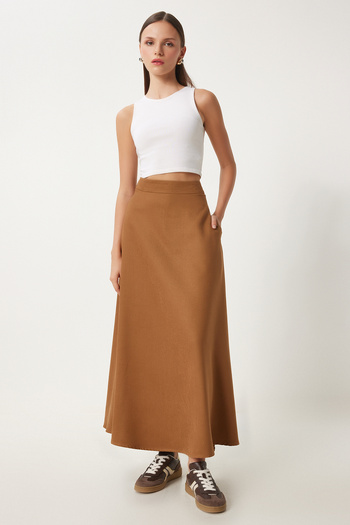 Happiness İstanbul Women's Camel Pocket Jacquard Suede Flared Skirt Rg00045