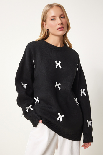 Happiness İstanbul Women's Black Bow Knitwear Sweater Sv00013