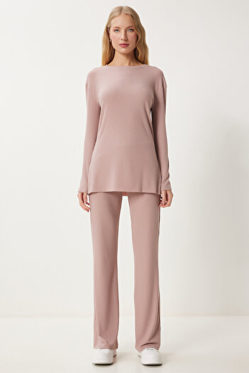 Happiness İstanbul Comfortable Corduroy Women's Knitted Set - Powder Blouse and Trousers Ow00054