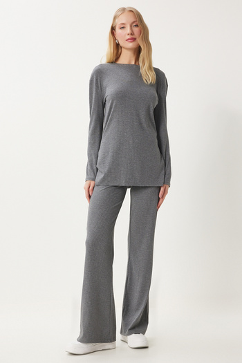 Happiness İstanbul Gray Comfortable Corduroy Women's Blouse and Trousers Set - Ow00054