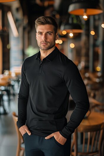 Trendyol Collection Schwarzes, langärmliges Basic-T-Shirt mit Polokragen aus 100 % Baumwolle mit schmaler Passform TMNAW25PO00000