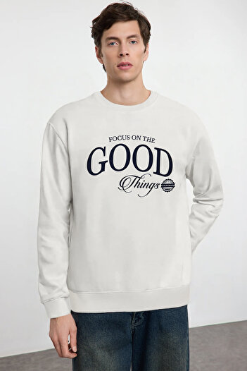 Trendyol Collection Ecru Fleece Printed Oversize Sweatshirt - Tmnaw25Sw00064