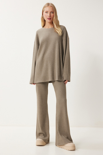 Happiness İstanbul Kadın Vizon Rahat Fitilli Örme Bluz Pantolon Takım RG00047