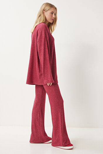 Happiness İstanbul Women's Red Comfortable Corded Knitted Blouse Trousers Set Rg00047