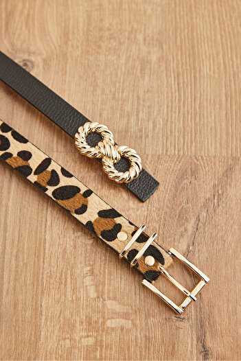 Olalook Women's Black Leopard 2-Piece Knitted Faux Leather Belt Set Kmr- 19000152