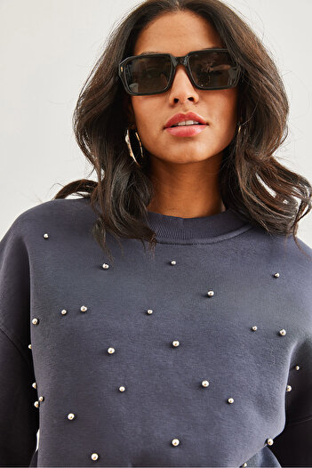 Olalook Anthracite Pearl Detailed Thick Crop Sweatshirt - Swt- 19000663