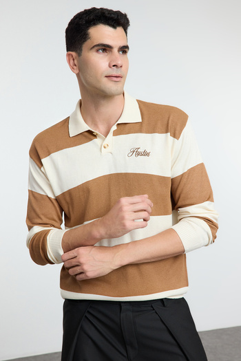 Trendyol Collection Πλεκτό πουλόβερ Polo Neck Camel - Color Block, κανονική εφαρμογή TMNAW25KZ00060
