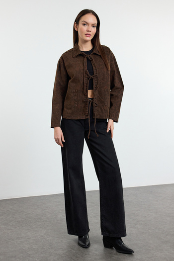 Trendyol Collection Multicolored Leopard Patterned Brown Oversize Denim Jacket with Tie Detail Twoaw25Ce00023