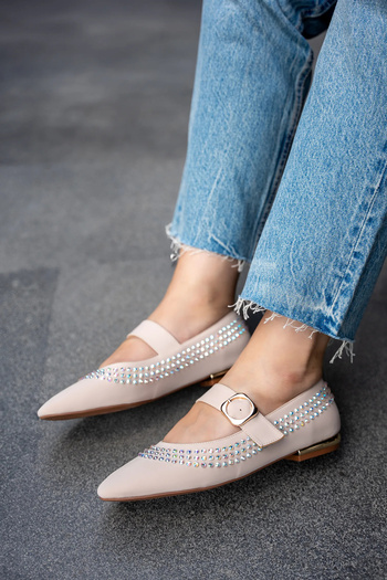 LAMİNTA Kino Ten Stone Detailed Blunt Toe Buckle Women's Ballerinas