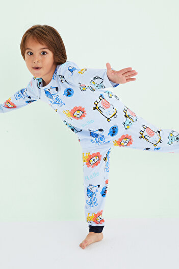 Siyah İnci Erkek Çocuk Mavi Renkli Desenli Pamuklu Pijama Takım 24225806