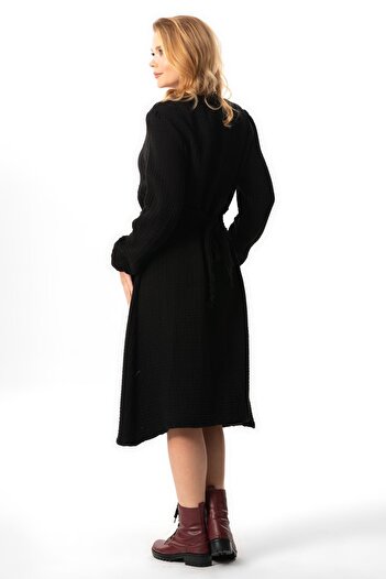 Eliş Şile Bezi V-Neck Embroidered Long Sleeve Muslin Dress - Autumn and Winter, Black Black