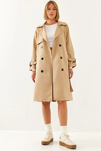 Bianco Lucci Women's Front Aller Detailed Double Breasted Trench Coat 8118 60451015