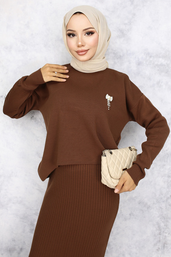 benguen 6110 Turtleneck Brooch Detailed Gilet Knitwear Set Brown