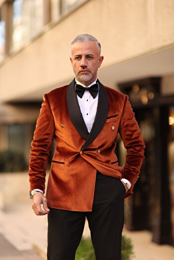 Fc Plus Camel Damatlık Şal Yaka Takım Elbise - Slim Fit
