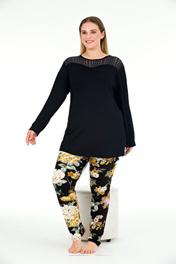 Lady Lingerie Yellow Flower Slippers Large Size Long Sleeve Pajamas Set
