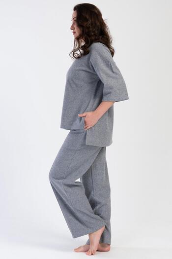 VİENETTA Women's Plus Size Jacquard Long Sleeve Gray Pajamas Suit C5T2N0O204