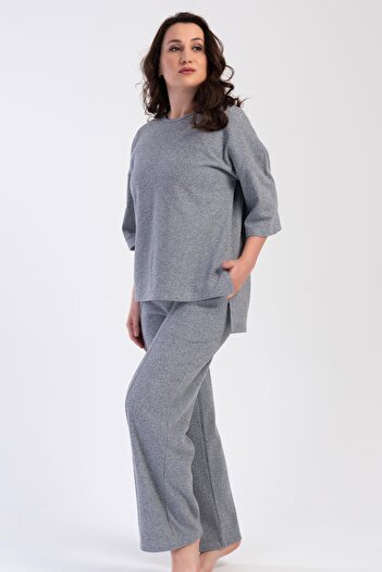 VİENETTA Women's Plus Size Jacquard Long Sleeve Gray Pajamas Suit C5T2N0O204