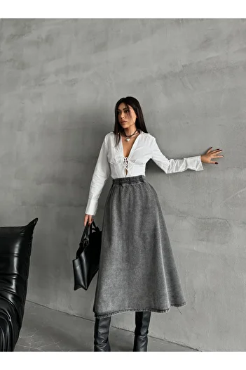 Swet Shop Jeans Жіноча джинсова спідниця Klos з високою талією довжиною міді з еластичною талією