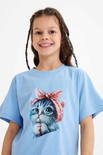CC STORE Pink Ribbon Cat Printed Children's T-Shirt for Ages 5 - 15