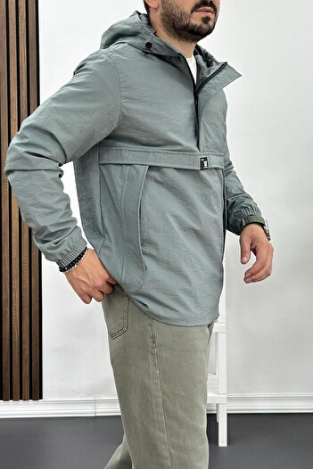 Edwox Ανδρικό παλτό Mint Green Slim Fit Crinkle - Με μισό φερμουάρ, τσέπες καγκουρό, αδιάβροχο Edw077
