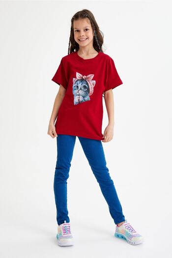 CC STORE Pink Ribbon Cat Printed Children's T-Shirt for Ages 5 - 15