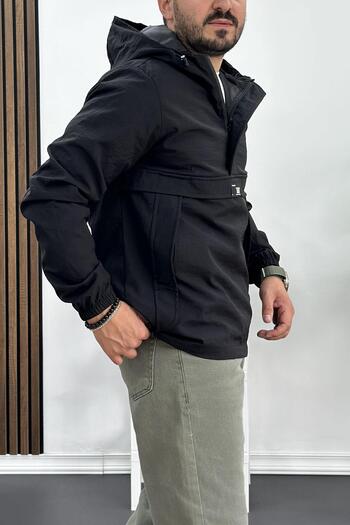 Edwox Men's Slim Fit Crinkle Fabric Kangaroo Pocket Half Zipper Raincoat Coat Black Edw077