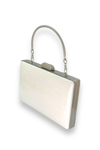 Wedding Fashion Ecru Seden Plated Satin - Shiny Evening Bag with Metal Handles, Henna Wedding Engagement Evening Bag