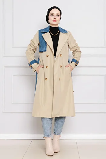 Sevitli Beige Color Denim Detailed Trench Coat