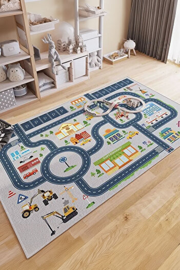 Decomia Home Dijital Kaymaz Yıkanabilir Arabalı Yol Haritası Oyun Halısı Çocuk Odası Halısı Oyun Matı