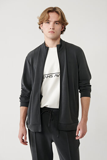 Avva Anthrazitfarbenes Herren-Sweatshirt mit Stehkragen und Soft-Touch-Print in regulärer Passform A41Y1225