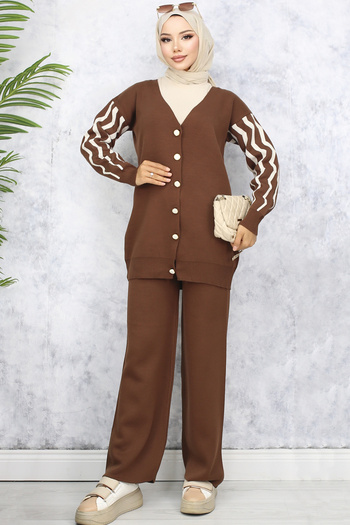 benguen 4064 Model Patterned Brown Knitwear Set